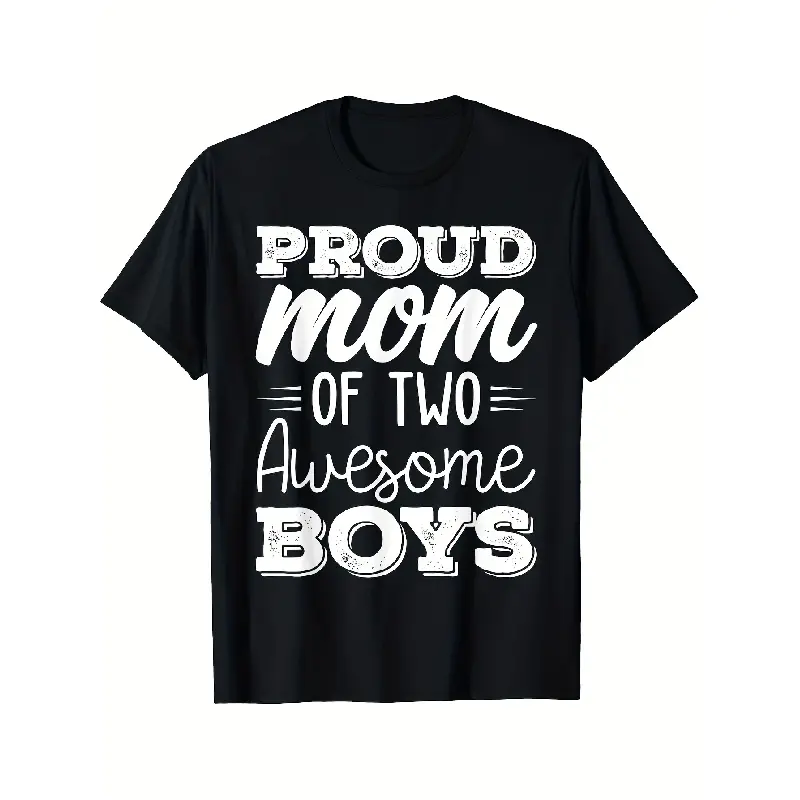 Women's & Unisex Proud Mom of Two T-Shirt - 100% Cotton 180gsm Soft Breathable Crew Neck Tee, Black with White "Mom of 2 Sons" Slogan Print, Relaxed Fit Casual Shirt for Moms with, Mother's Day Gift Idea