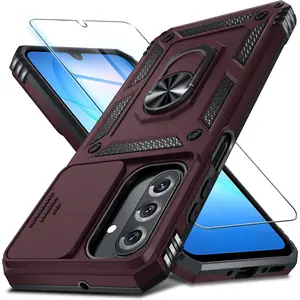 Janmitta Compatible with Samsung Galaxy A17 5G Case Built in Slide Camera Lens Cover+Screen Protector+Finger Ring Holder Kickstand,Heavy Duty Shockproof Full Body Phone Cover,Wine Red