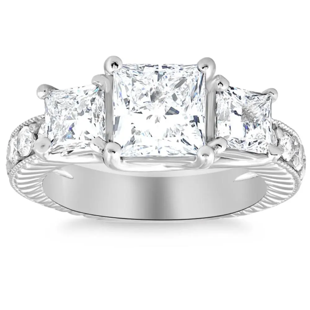 2 3/4CT Princess Cut Three Stone Vintage Diamond Engagement Ring Lab Grown 14k