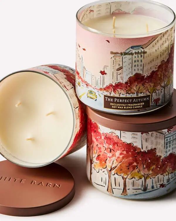 Cozy Fall Aesthetic Bath & Body Works The Perfect Autumn 3-Wick Scented Candle | Premium Soy Wax Blend with Watercolor City Fall Foliage Label | Perfect Housewarming Autumn Gift