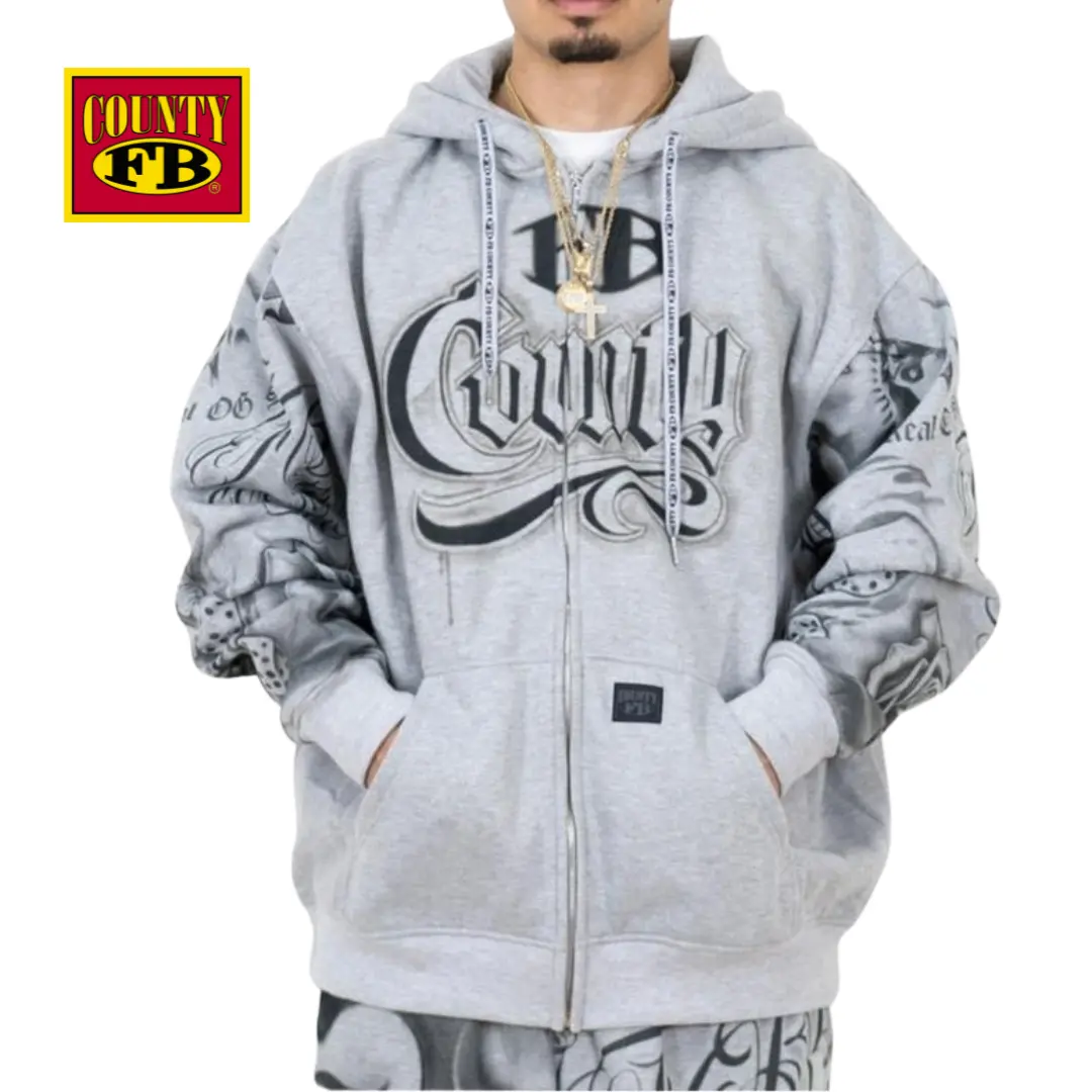 FB COUNTY Tatted Up Hoodie Zip up - Oversized Soft Thick All-Over-Print Design with Subtle Embroidery and Premium Metal Zipper