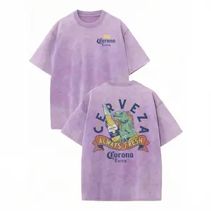 Graphic tee featuring a lizard holding a beer, “Corona Extra Always Fresh” print, retro washed 230 g pure cotton, double-sided design, crew neck short sleeve, regular fit, vintage streetwear, unisex casual top for men and fall wear T-shirt round neck