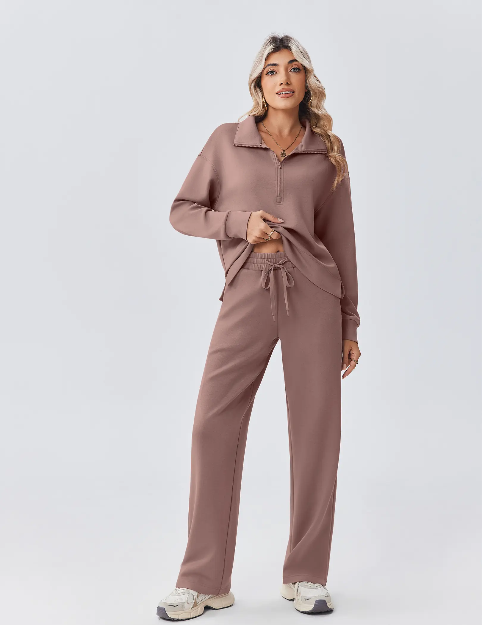 Pinspark Women's 2-Piece Loose-Fit Tracksuit - 1/2 Zip Sweatshirt, Straight Leg Pants - 2025 Matching Fall Outfit - Back to School, Soho Chic Sports Clothing Set (2 piece sets women)