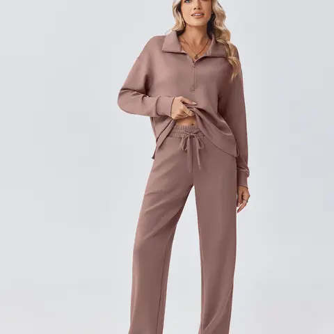 Pinspark Women's 2-Piece Loose-Fit Sports Tracksuit - 1/2 Zip Sweatshirt, Straight Leg Pants - 2026 Fall Matching Outfit - Back to School Soho Chic Sweatshirts Set