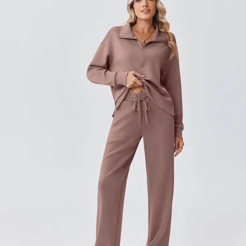 Pinspark Women's 2-Piece Loose-Fit Sports Tracksuit - 1/2 Zip Sweatshirt, Straight Leg Pants - 2026 Fall Matching Outfit - Back to School Soho Chic Sweatshirts Set