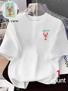 Women's Lobster Print Loose Fit Casual T-Shirt, Short Sleeve, Seafood Illustration, Cotton Blend, Streetwear, Music Festival, Womenswear, Summer