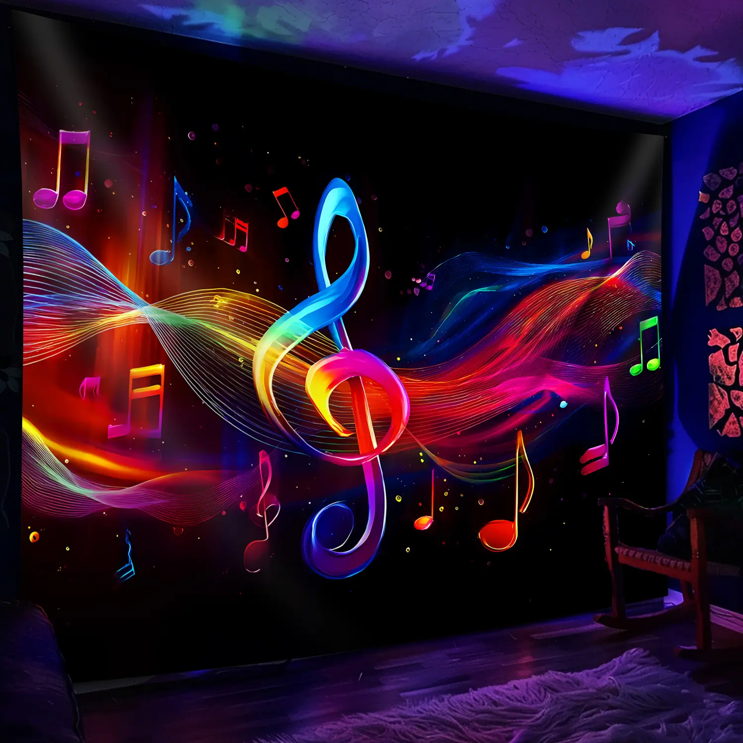 1-Piece Luminous Music Note Tapestry - UV Reactive Fluorescent Wall Hanging, Treble Clef & Geometric Pattern, Large Peach Beige Wrinkle-Resistant Handmade Fabric, No Installation Needed for Bedroom, Wall Decor, Whimsical Home Decor