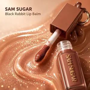Portable Keychain Lip Gloss, SAM SUGAR Black Rabbit Lip Balm, Hydrating Glitter Mirror Shine Lip Cosmetics for Women