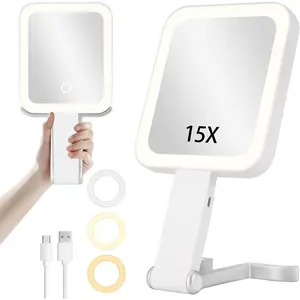 Travel Makeup Mirror with Lights, Rechargeable 15X/1X Double-Sided Magnifying Mirror with 3 Color Lights, Brightness Adjustable, Portable Handheld Mirror Tabletop,  for Women