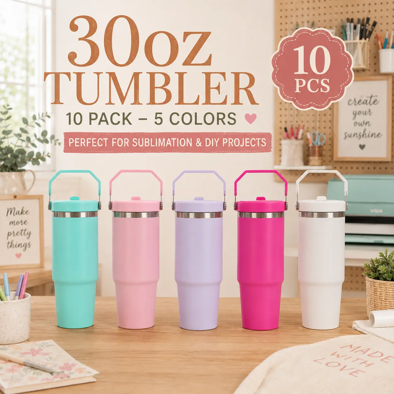 ZREGGUR 10-Pack 30oz Portable Stainless Steel Double Wall Vacuum Flasks, Insulated Tumblers with Handle & Straw Lid, BPA-Free Leak-Proof No-Sweat, 24H Cold/12H Hot, Cup Holder-Fit, 5 Pastel Aesthetic Colors for Women (Travel Gift)