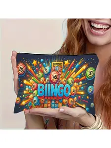 Sanrio Bingo Game Element Pattern, Multi-functional Travel Makeup Bag, Emergency Snack Pouch, Durable Polyester Zipper Storage Bag, Machine Washable Minimalist Design, Suitable for Toiletries and Small Item Storage, Ideal for Travel