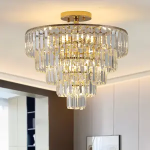 Gold Crystal Chandeliers,5-Tier Round Semi Flush Mount Chandelier Light Fixture,Large Contemporary Luxury Ceiling Lighting for Living Room Dining Room Bedroom Hallway