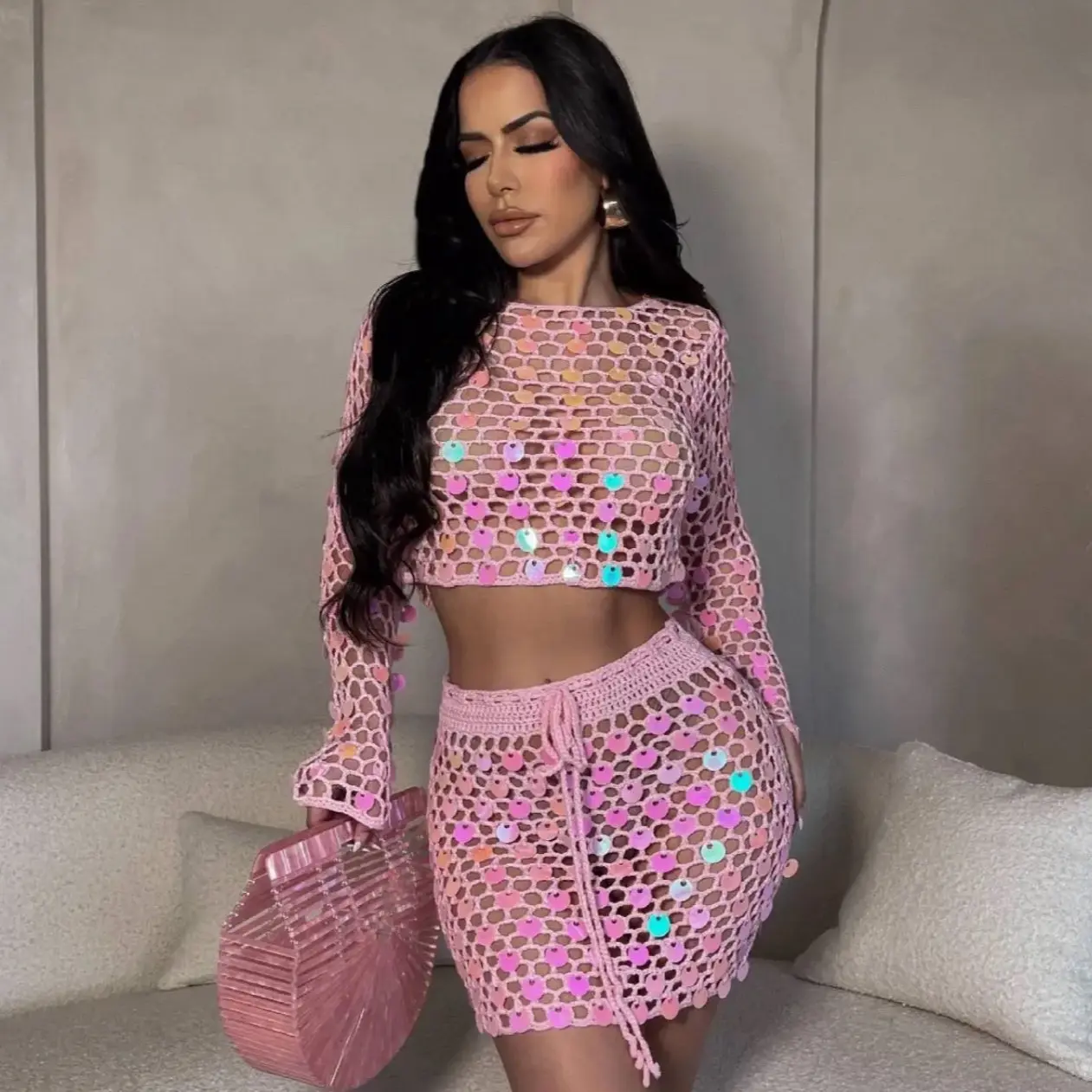 Sugar Rush Handmade Sequin Knitted Two Piece Skirt Set Long Sleeve