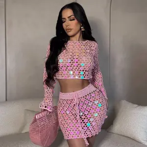 Sugar Rush Handmade Sequin Knitted Two Piece Skirt Set Long Sleeve