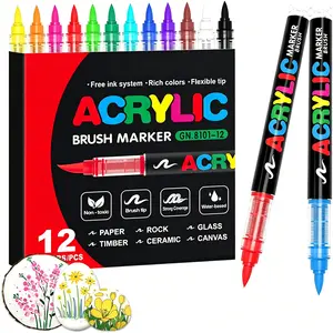 Acrylic Paint Markers Brush Tip, 12 Vivid Colors with Direct-Liquid Ink System, Professional-Grade Paint Pen for Rock Painting, Canvas, Glass, Plastic, Fabric Pumpkin Painting Decorating Kit