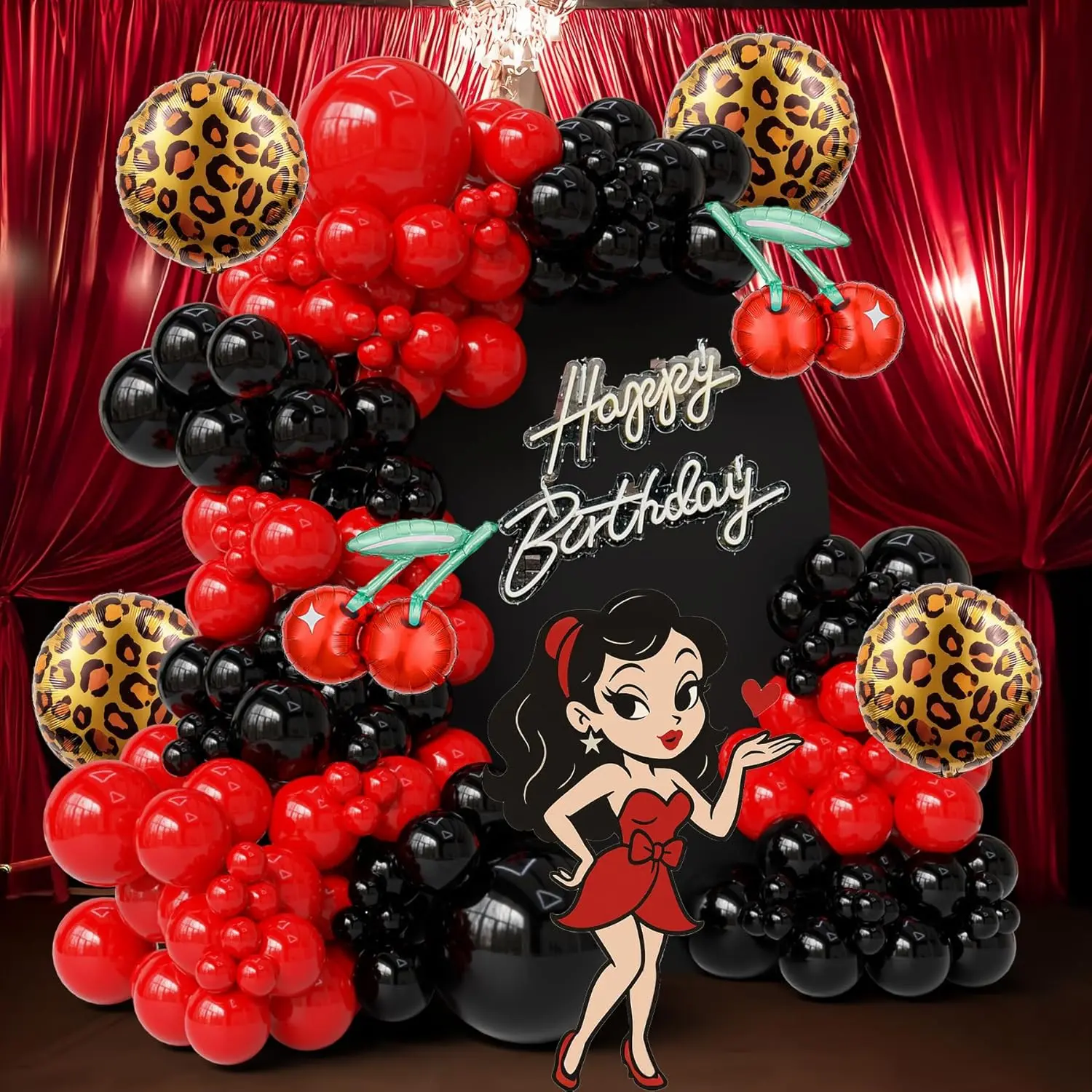122PCS Cheetah Balloon Arch Garland Set - Black, Red Leopard Print, Cherry Designs for Cheetah Birthday, Bachelorette Party Decorations