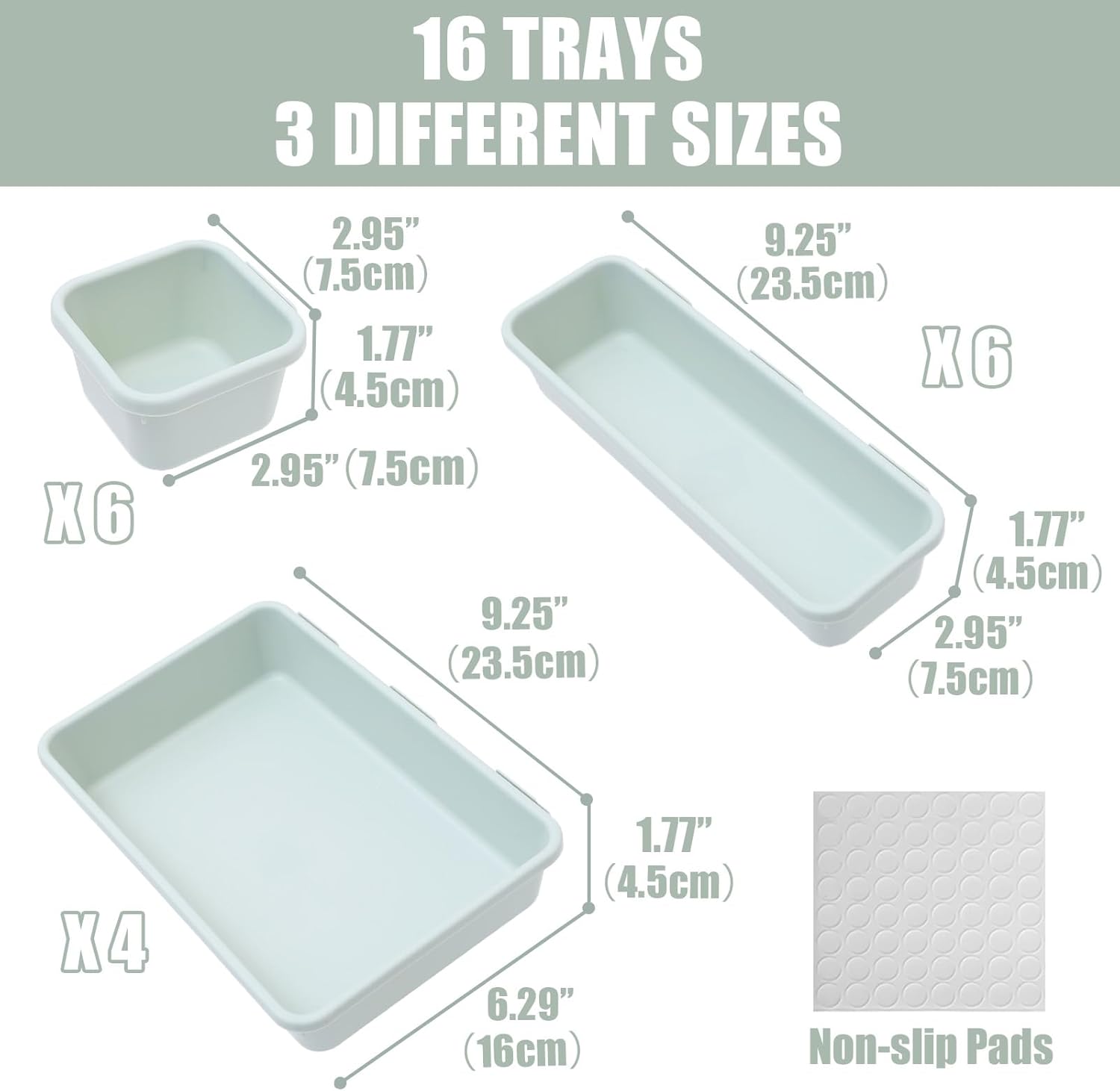 16 Pcs Plastic Drawer Organizer Set 3-Size Versatile Drawer Divider Trays Vanity Storage Bins for Makeup Jewelry Utensils Gadgets Kitchen Bedroom Bathroom Office Green&Purple