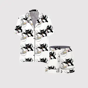 Funny Cat Ramen Pajama Set, Meow Noodle Sleepwear for Women, Short Sleeve Satin Top with Elastic Shorts, Cute Lounge Outfit Gift