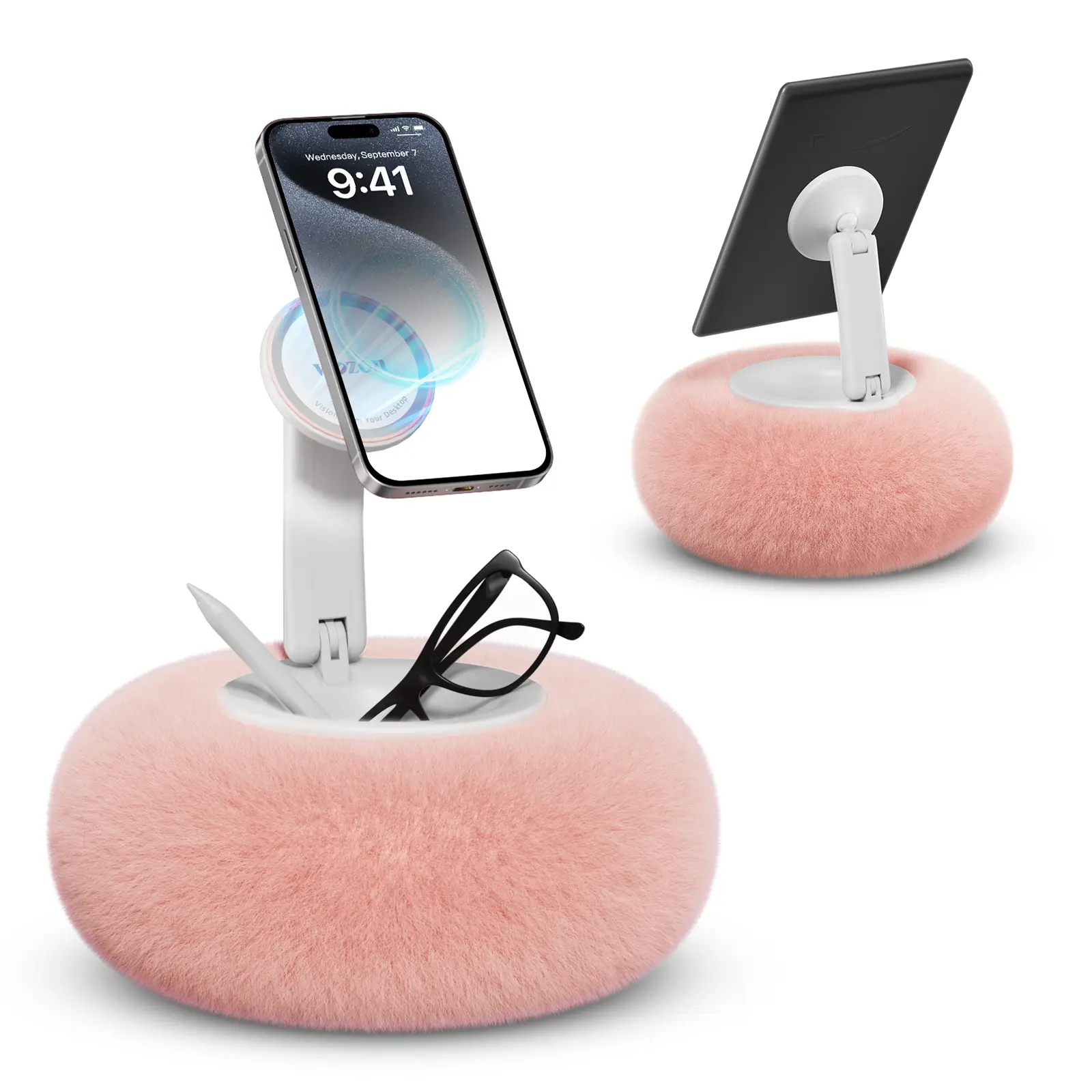 Viozon Phone Holder for Bed, Magnetic Pillow Stand, Compatible with 4-7" Phone/Kindle with Small Storage, Removable Suction Base for Stability, Idea for Kindle Reading and Video Watching On Bed,Smartphone Mount, Pink