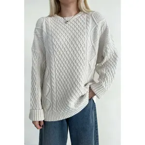 Rowan Cable Knit Sweater - Ivory Oversized Fit Crew Neckline Cable Knit Fabric Ribbed Cuffs and Hem Classic Piecemaker