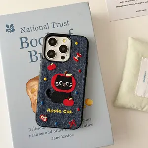 Cute Cat Pattern Denim Embroidery Phone Case, Decorative Phone Protector Cover, Phone Accessories Compatible with iPhone, Casing