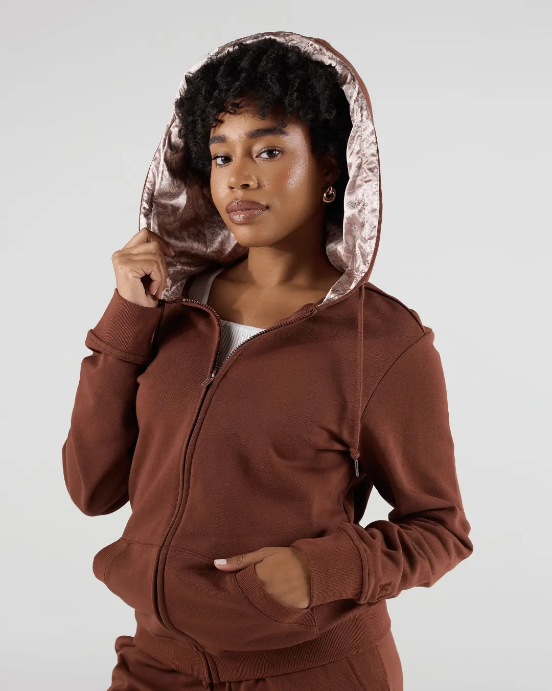Amber Chocolate Paisley Thin Satin Lined Zip Up Hoodie