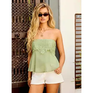 Cider Chiffon Floral Lace Shirred Cropped Bandeau Top