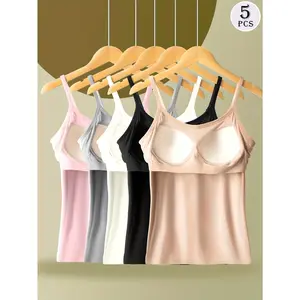 5-Padded Women's Solid Ribbed Crop CamiTop Fitted Casual Sleeveless Cropped Top for Daily Wear Ladies Underwear Clothes for All Seasons Underwear for Women Summer