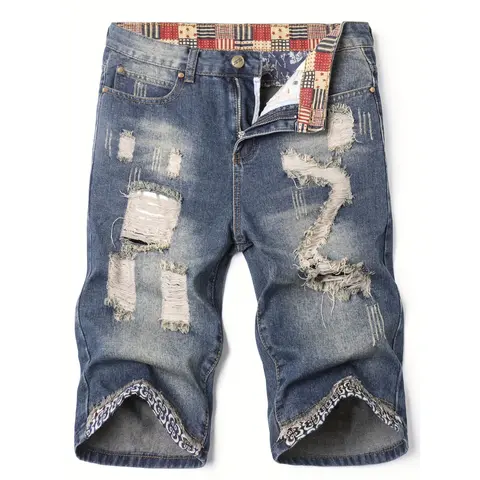 Men's vintage style washed distressed shorts five-point pants with zipper and button, ripped double design, suitable for summer wear