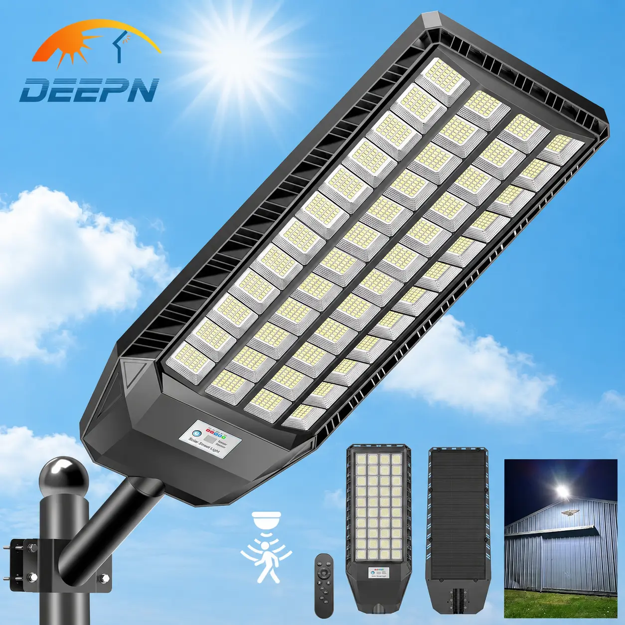 DEEPN 2026 Newly Upgraded Solar Street Light Outdoor 12000W,Motion Sensor Security Wall Lamp, IP67 waterproof design, remote control support, and automatic dusk-to-dawn operation. Ideal for gardens, parking lots, streets, and courtyards