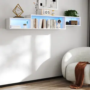 65in Wall Mounted Floating TV Stand with 20 Color LED Lights and Charging Station, Wooden Floating Entertainment Center for Living Room