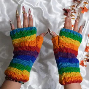 Hand Knitted Rainbow Winter Hand Warmer, Colorful Fingerless Gloves, Pride Mittens, Polar Fleece Lined Texting Gloves, Crochet Mitts