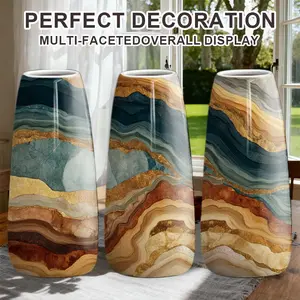 1PC Hand-Painted Ceramic Vase, Boho Style Round Shape, Artistic Wave Pattern, Perfect Christmas Gift, Elegant Home Decor, Batch Number 1101