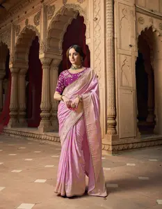 Pink Satin Silk Contrast Saree