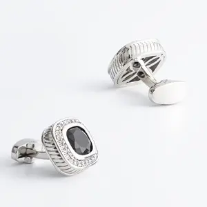 High-end Fashion Silver Square Black Blue Zircon Diamond Cufflinks, Suitable for All Occasions
