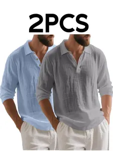 2-Pack Men's Linen Polo Shirts, Loose Fit Long Sleeve, Breathable Classic Business Casual, All-Season Wear, Ideal for Daily & Light Business Use