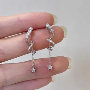 1 Pair Twisted Curve Cubic Zirconia Star Tassel Dangle Earrings for Women, Long Geometric Drop Fish Hook Earrings, Elegant Versatile Fashion Jewelry for Daily Dating Party All Seasons