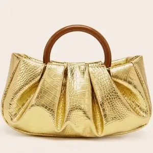 M79-Ruched Pleated Top Handle Handbag For Women Crocodile Embossed Clutch Bag For Evening Party