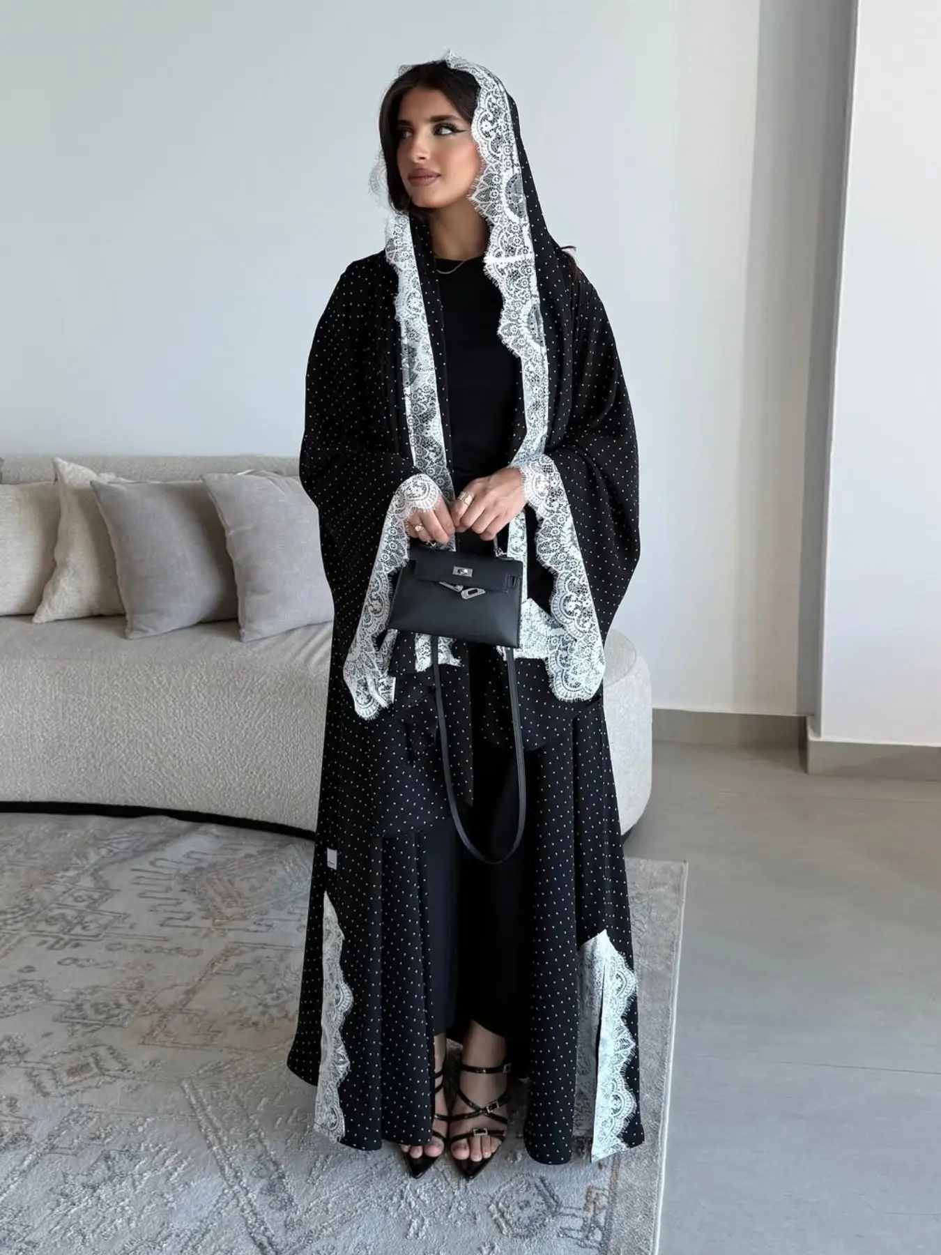 New Muslim Women's Long Robe, Loose Elegant Polka Dot + Lace Design, Split Hem, Includes Headscarf, Casual Daily Wear, Modest Muslim Clothing, Modest Islamic Clothing