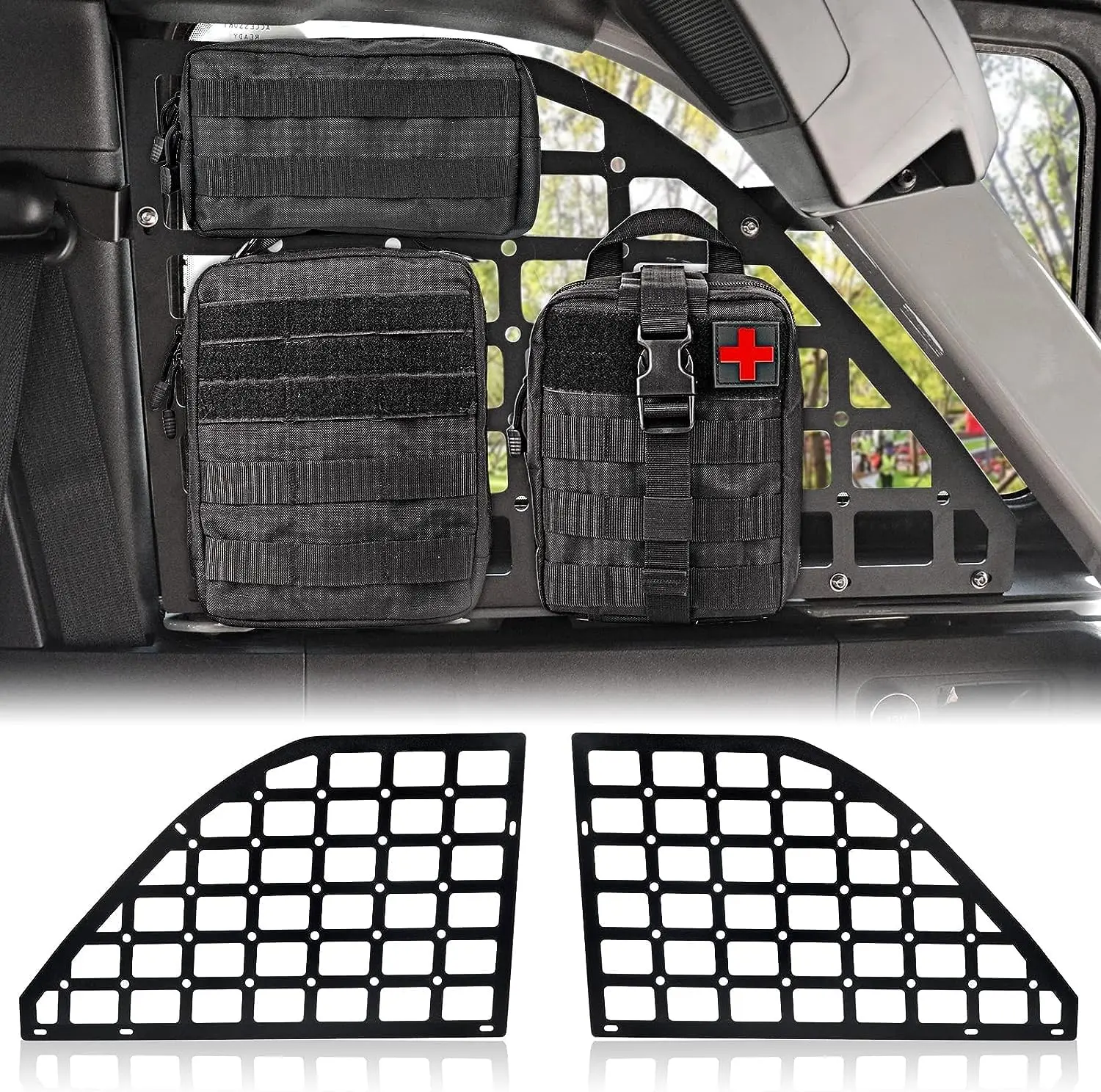 MAIKER Rear Window MOLLE Modular Storage Panel System, Car Organizer with 3 Tactical Storage Bags & 10 Fastening Tapes for 2021-2022 Ford Bronco 4-Door (Not Fit Soft Top), Tactical Storage Bag