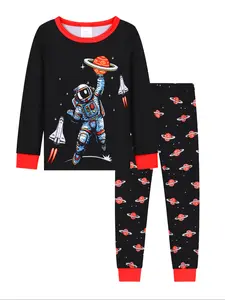 Boys Long Sleeve Pajamas 2 Piece Set, Space Pattern Astronaut Cartoon Print, Skin-Friendly Breathable, Casual Fitted Sleepwear