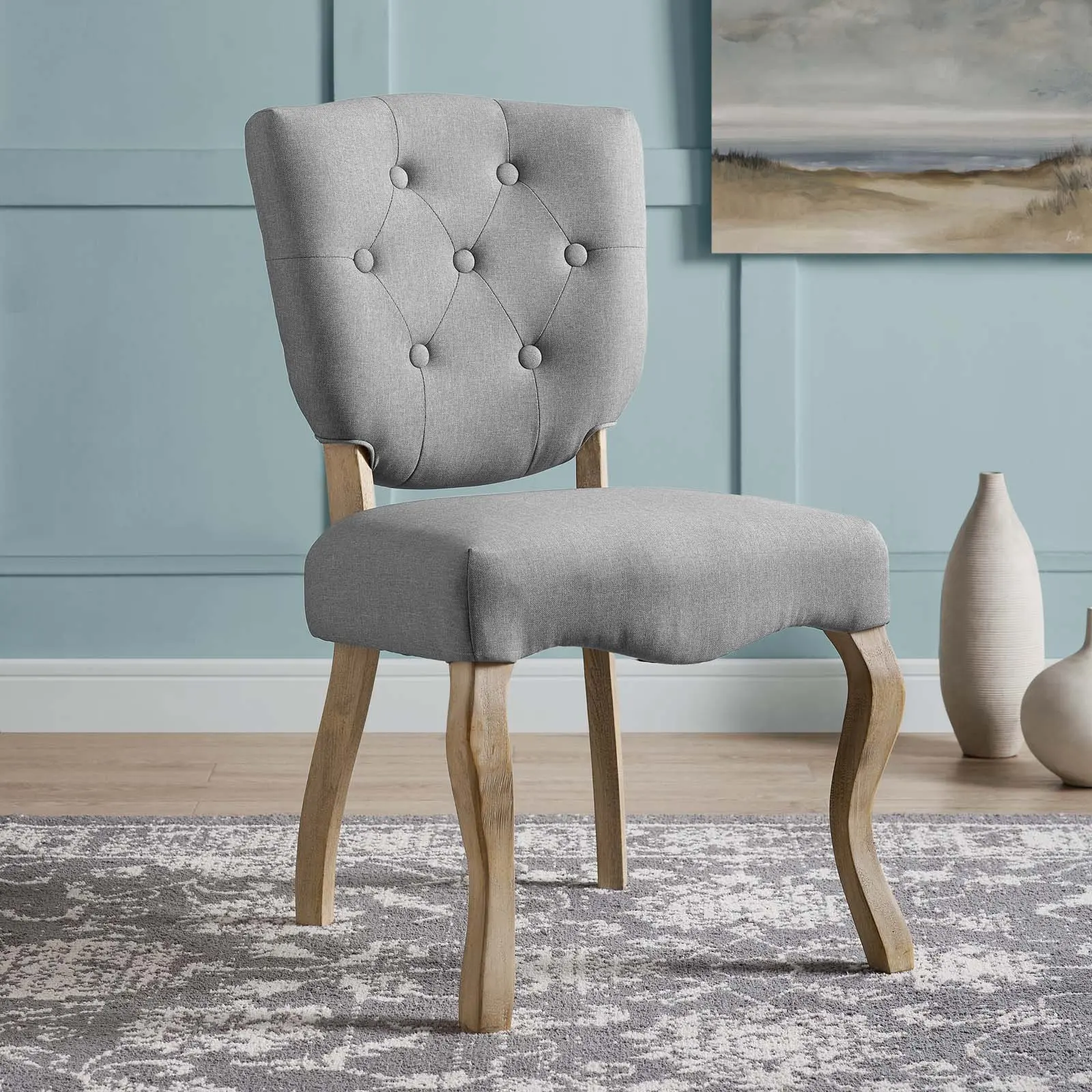 Modway Array Vintage French Upholstered Wood Dining Side Chair - Light Gray, Antique Style Dining Room Furniture, Indoor Furniture