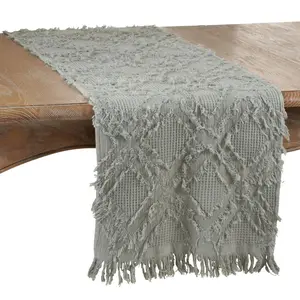 212 MAIN Oblong Waffle Weave Table Runner, 16x72 in, Fringe Design, Woven Texture, Protects Against Scratches, Ideal for Table Decor