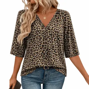 Women's 3/4 Sleeve V-Neck Polyester Floral Print Loose-Fit T-Shirt - Stripe Accent Lightweight Tunic Blouse with Cardigans Vibe for Outdoor, Casual Summer Wear (S-5XL)