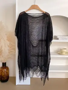 Elegant Women's Plain Hollow Out Shawl Collar Top with Pearl Belt, Casual Fashion Accessory, Perfect Gift Idea, All Seasons Wear