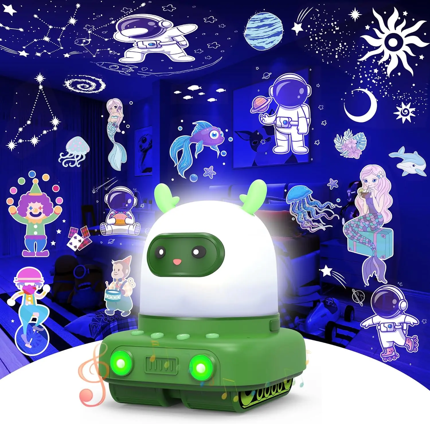 Cute Rolling Deer Night Light for Kids - 6-in-1 Rotating Projector with Ocean/Astronaut/Forest Slides, 3-Color Dimmable Mood Lamp, USB-C Rechargeable for Bedroom, Camping, or Nursery