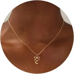 Bow Initial Necklaces for Women - Gold/Silver Bow Necklace Dainty Gold Letter Initial Necklace for Girls Gold Necklace for Women Birthday Gifts for Womens Teen Girl Gifts for Girls Jewelry