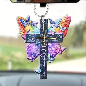 2-Pack Acrylic Butterfly Cross Pendants Christian Inspirational Bible Verses Colorful Black Purple Pink Design Dual Use Car Rearview Mirror Charm Keychain Home Decor Ideal Christmas Ornament Holiday Gift Faith Essential