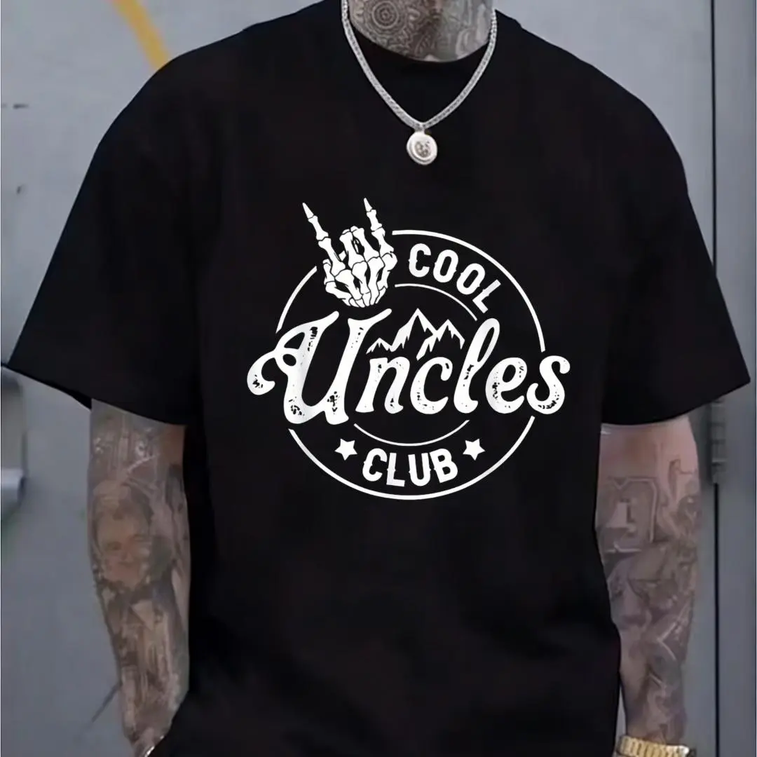 Men's 'Cool Uncles Club' Graphic Print Pure Cotton T-Shirt - Round Neck, Short-Sleeve, Casual Fit, Breathable, Skeleton Hand Logo, Casual Tshirt Shirt, All Seasons, Street Style Drip Menswear Top