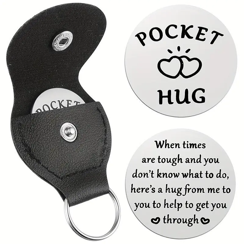 Pocket Hug Stainless Steel Keychain, Dual-Sided Coin Clip, Heart Design, Cancer Patient Gift, Unisex Chain, Compass Symbol, Keychain for Bags